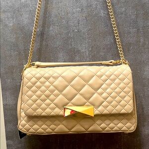 INC International Concepts Quilted Beige Shoulder Bag with Gold Chain